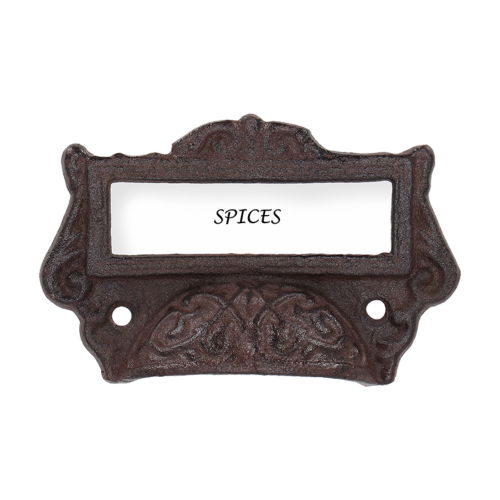 Set of 6 vintage cast iron drawer pulls with label holders, perfect for stylish organization and durable home decor.