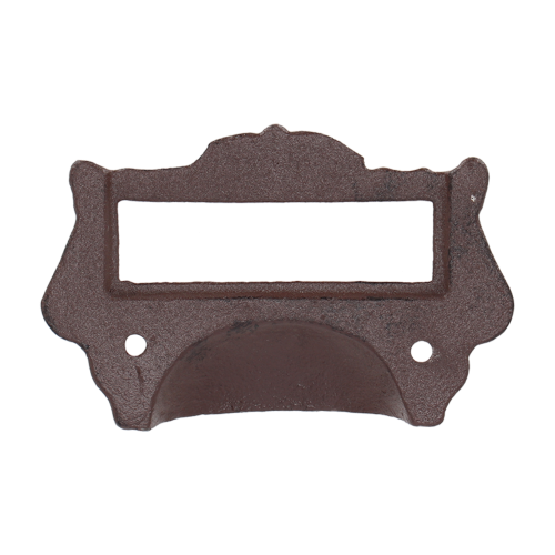 Set of 6 vintage cast iron drawer pulls with label holders, perfect for stylishly organizing furniture.