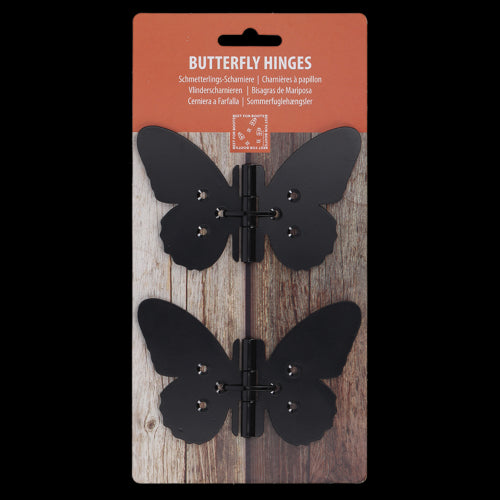Butterfly-shaped iron hinges (12 x 8cm) in assorted designs, perfect for enhancing doors with elegance and whimsy.
