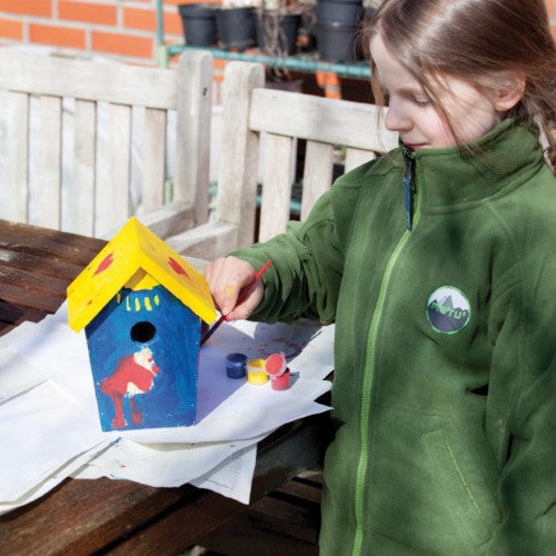 DIY wooden birdhouse kit with paint, designed for small birds, featuring easy access for maintenance and vibrant customization options.