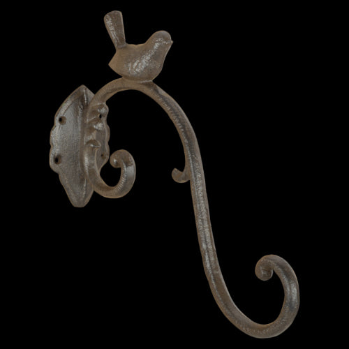 Cast iron double hook with elegant bird design, perfect for hanging lanterns and flower baskets in any outdoor space.