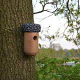 Acorn-shaped birdhouse made from FSC certified wood, providing nesting and shelter for various bird species.