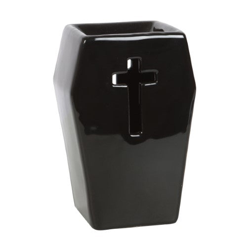 Coffin-shaped oil burner with illuminated cross design, perfect for gothic decor and enhancing home fragrance.
