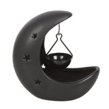 Black crescent moon hanging oil burner with star cutouts, 13.5 cm tall, for enchanting aromas and a magical atmosphere.