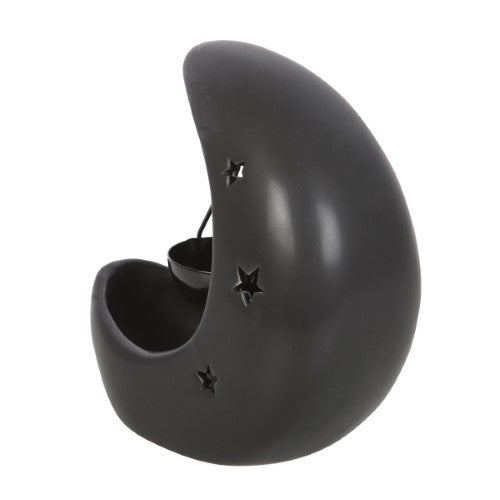 Black crescent moon oil burner with star cut-outs, perfect for creating a mystical ambiance with aromatic scents.