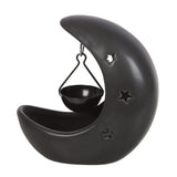 Black crescent moon hanging oil burner with star cut-outs, perfect for creating a soothing, aromatic ambiance at home.