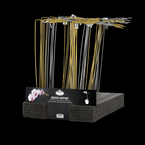 Geometric orchid support in gold and silver, providing stability for long-stemmed plants with a modern aesthetic.