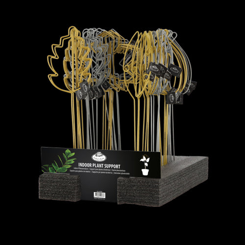 Elegant indoor plant supports featuring gold and silver leaf designs, ideal for stabilizing top-heavy plants.