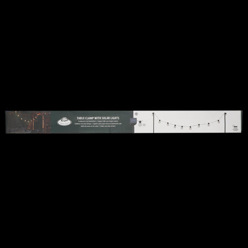 Black table clamp with solar lights, adjustable for tables up to 97mm, perfect for enhancing outdoor gatherings.