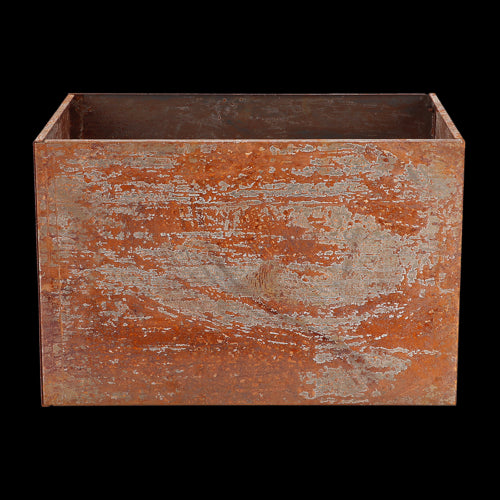 Rust-colored corten steel rectangular planter (60x40x40cm) for flowers and herbs, adds style to any garden or balcony.