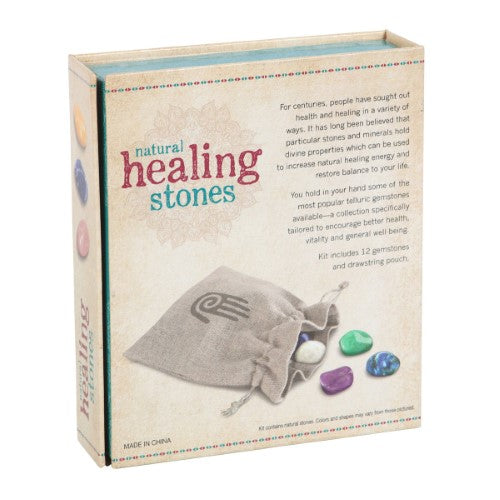Twelve natural healing gemstones in a magnetic gift box, featuring stones like red jasper and rose quartz for meditation and well-being.