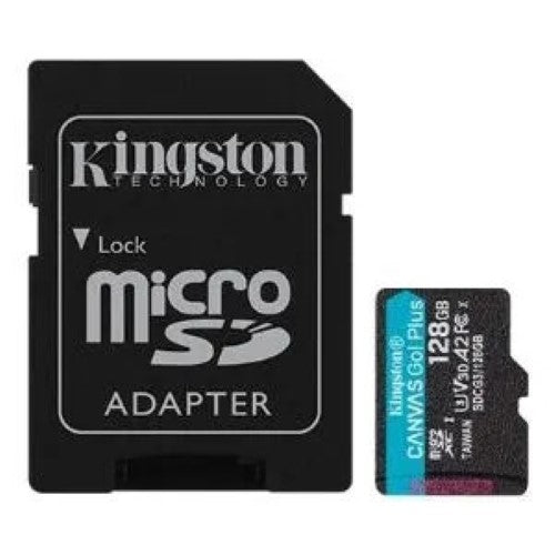 128GB Kingston microSDXC card with 170MB/s speed, waterproof and shock-proof, ideal for HD video and apps.