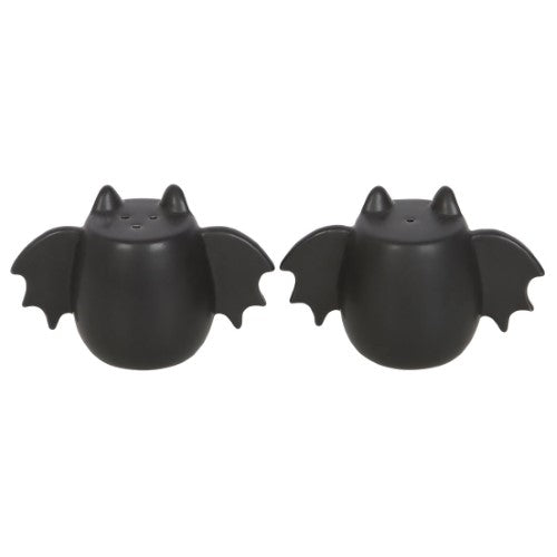 Whimsical bat wing salt and pepper shakers, adding playful gothic charm to any dining experience.