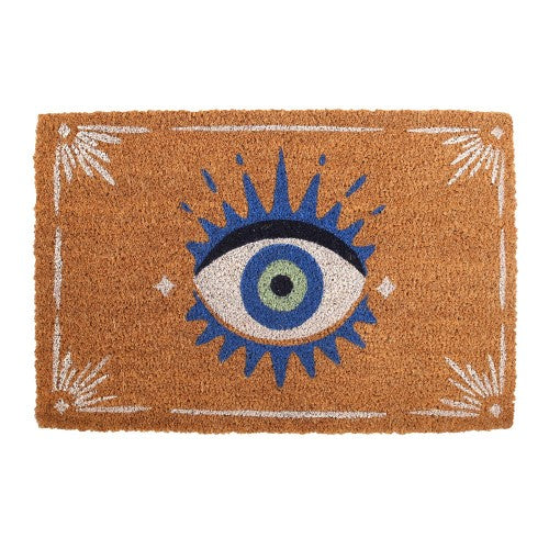 Natural coir doormat featuring a blue All Seeing Eye design for protection and a welcoming entrance.