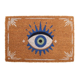 Natural coir doormat featuring a blue All Seeing Eye design for protection and a welcoming entrance.