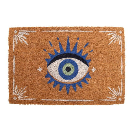 Natural coir doormat featuring a blue All Seeing Eye design for protection and a welcoming entrance.