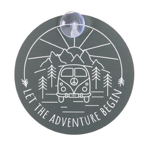 Cheerful campervan window sign with "Let the adventure begin" text, perfect for home or vehicle decor.