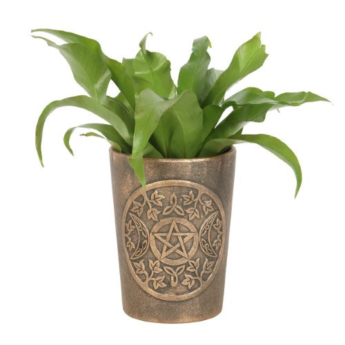 Triple Moon Bronze Terracotta Plant Pot by Lisa Parker with intricate moon design, perfect for plants or as a decorative piece.