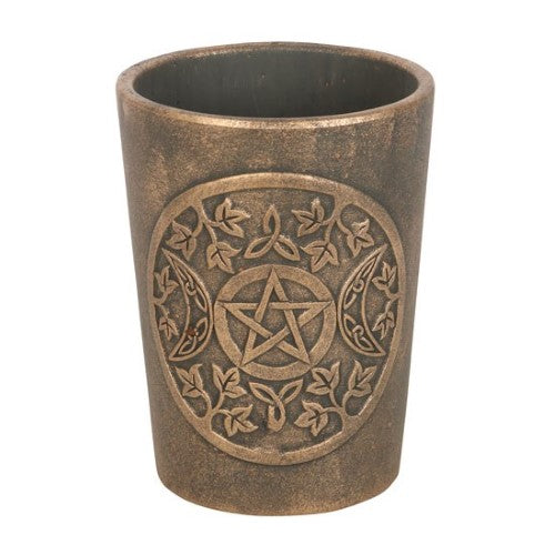 Triple Moon terracotta plant pot in antiqued bronze, featuring intricate artwork by Lisa Parker, perfect for decor and gifts.