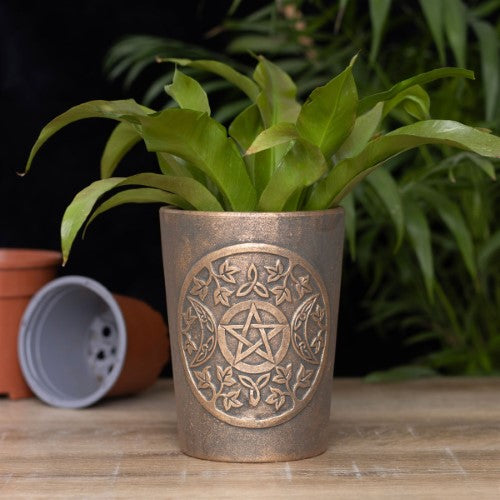 Triple Moon Bronze Terracotta Plant Pot by Lisa Parker featuring detailed moon artwork, ideal for indoor and outdoor decor.
