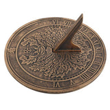 Green Man terracotta sundial by Lisa Parker, showcasing a bronze finish, perfect for telling time and enhancing garden decor.