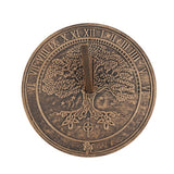 Tree of Life terracotta sundial by Lisa Parker, featuring a rustic bronze finish; perfect outdoor decor and timekeeper.