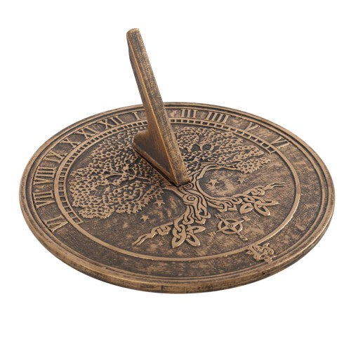 Terracotta sundial by Lisa Parker featuring a detailed Tree of Life design with a rustic bronze finish for outdoor decor.