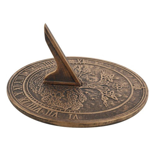 Tree of Life Terracotta Sundial by Lisa Parker, beautifully detailed with a rustic finish, enhancing any garden decor.