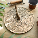 Tree of Life terracotta sundial by Lisa Parker, beautifully detailed with rustic finish, perfect for outdoor decoration and timekeeping.