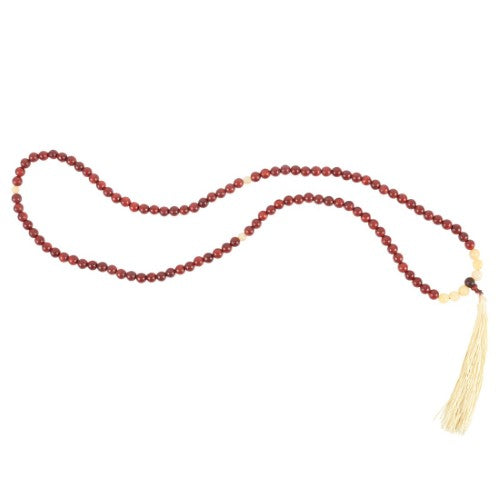 Self Confidence Rosewood & Yellow Jasper Mala Necklace featuring 108 beads, enhancing courage and positivity with decorative tassel.