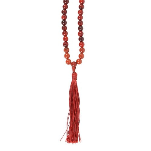 Grounding Rosewood & Red Jasper Mala Necklace featuring 108 beads, tassel, promoting mindfulness and spiritual connection.