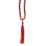 Grounding Rosewood & Red Jasper Mala Necklace featuring 108 beads, tassel, promoting mindfulness and spiritual connection.