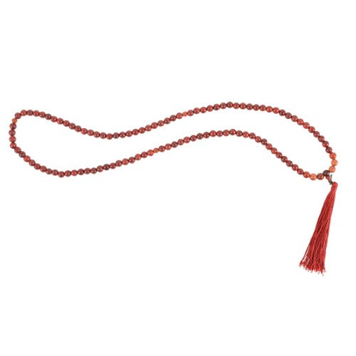 Grounding Rosewood & Red Jasper Mala Necklace featuring 108 beads, enhancing meditation and mindfulness with a decorative tassel.