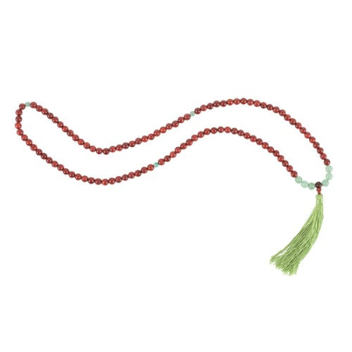 Love and Gratitude Mala Necklace with 108 rosewood and green aventurine beads, promoting mindfulness and emotional balance.