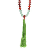 Handcrafted mala necklace featuring 108 rosewood and Green Aventurine beads, promoting love, gratitude, and mindfulness.