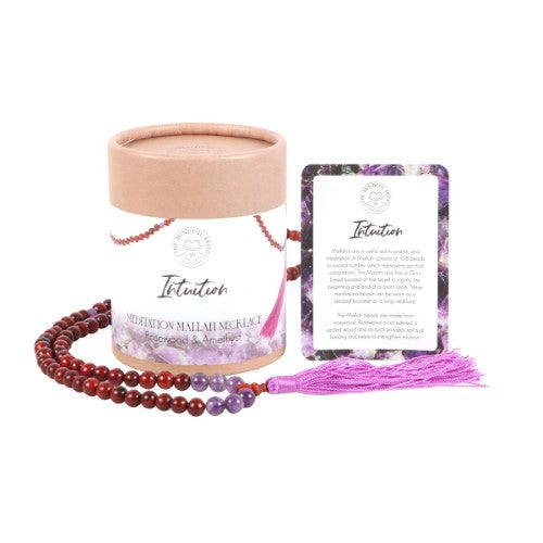 Elegant mala necklace featuring 108 rosewood beads and Amethyst stones, designed for meditation and spiritual growth.