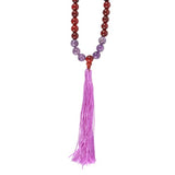 Intuition Rosewood & Amethyst Mala Necklace featuring 108 rosewood beads and calming amethyst for spiritual growth and elegance.