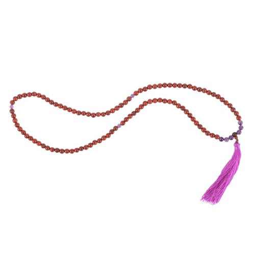 Elegant Intuition Rosewood & Amethyst Mala Necklace with 108 beads, promoting mindfulness and enhancing intuition.