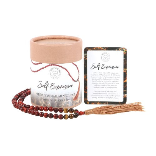 Self Expression Rosewood & Tiger's Eye Mala Necklace features 108 rosewood beads and Tiger's Eye stones for mindfulness and self-expression.