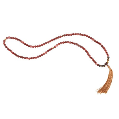 Rosewood and Tiger's Eye mala necklace with 108 beads, decorative tassel, promoting self-expression and mindful elegance.