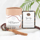 Rosewood and Tiger's Eye mala necklace, featuring 108 beads for meditation, self-expression, and spiritual growth with a decorative tassel.