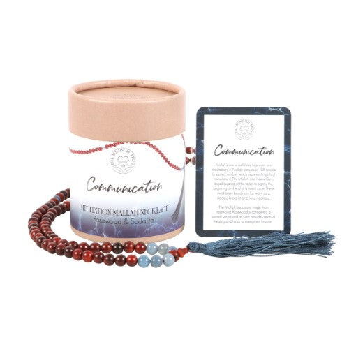 Elegant Communication Rosewood & Sodalite Mala Necklace with 108 beads, enhancing mindfulness and communication.