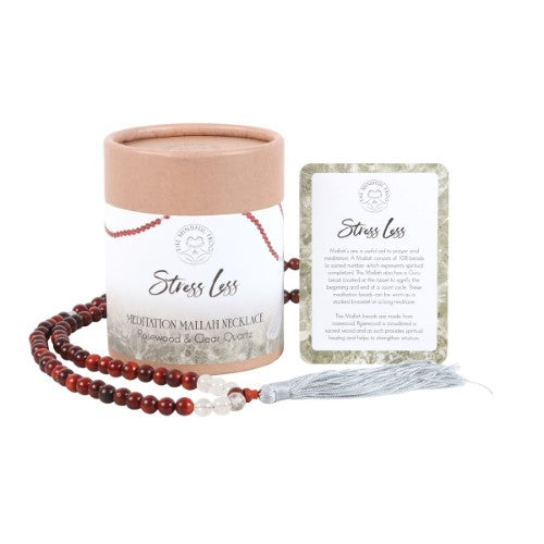 Elegant rosewood and Clear Quartz Mala Necklace with 108 beads, promoting mindfulness and stress relief, finished with a decorative tassel.