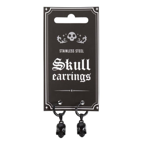 Black stainless steel skull earrings with intricate charms, combining gothic allure and modern elegance, perfect for any outfit.