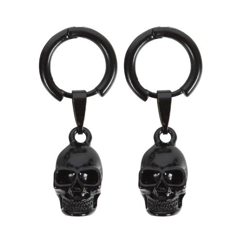 Black stainless steel skull earrings featuring intricate skull charms, perfect for gothic style and modern elegance.