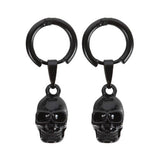 Black stainless steel skull earrings featuring intricate skull charms, perfect for gothic style and modern elegance.