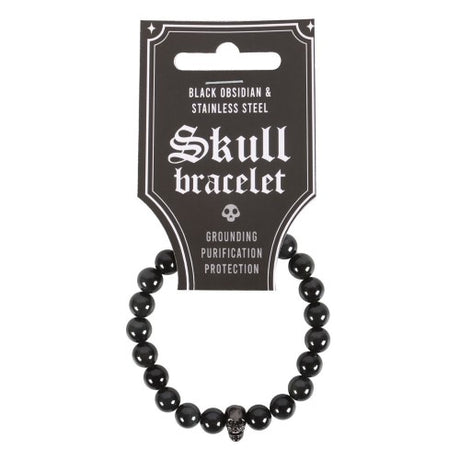 Black Obsidian Skull Bracelet featuring sleek obsidian beads and a striking stainless steel skull charm for a bold style statement.