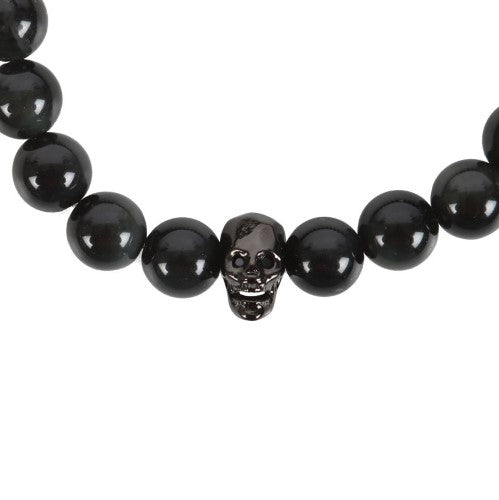 Black Obsidian Skull Bracelet featuring black beads and a stainless steel skull charm, symbolizing strength and protection.