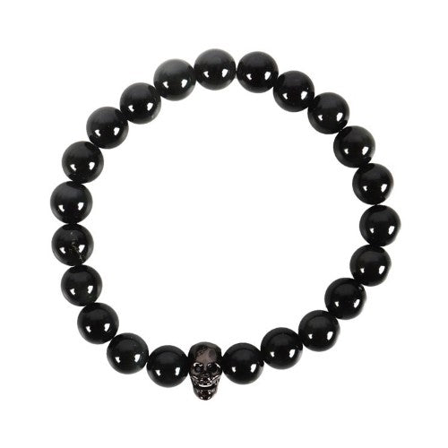 Black Obsidian Skull Bracelet featuring black beads and stainless steel skull charm, symbolizing protection and personal power.