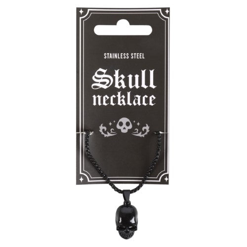 Black Obsidian Skull Necklace: gothic black stainless steel pendant featuring an intricate skull design, perfect for edgy fashion.